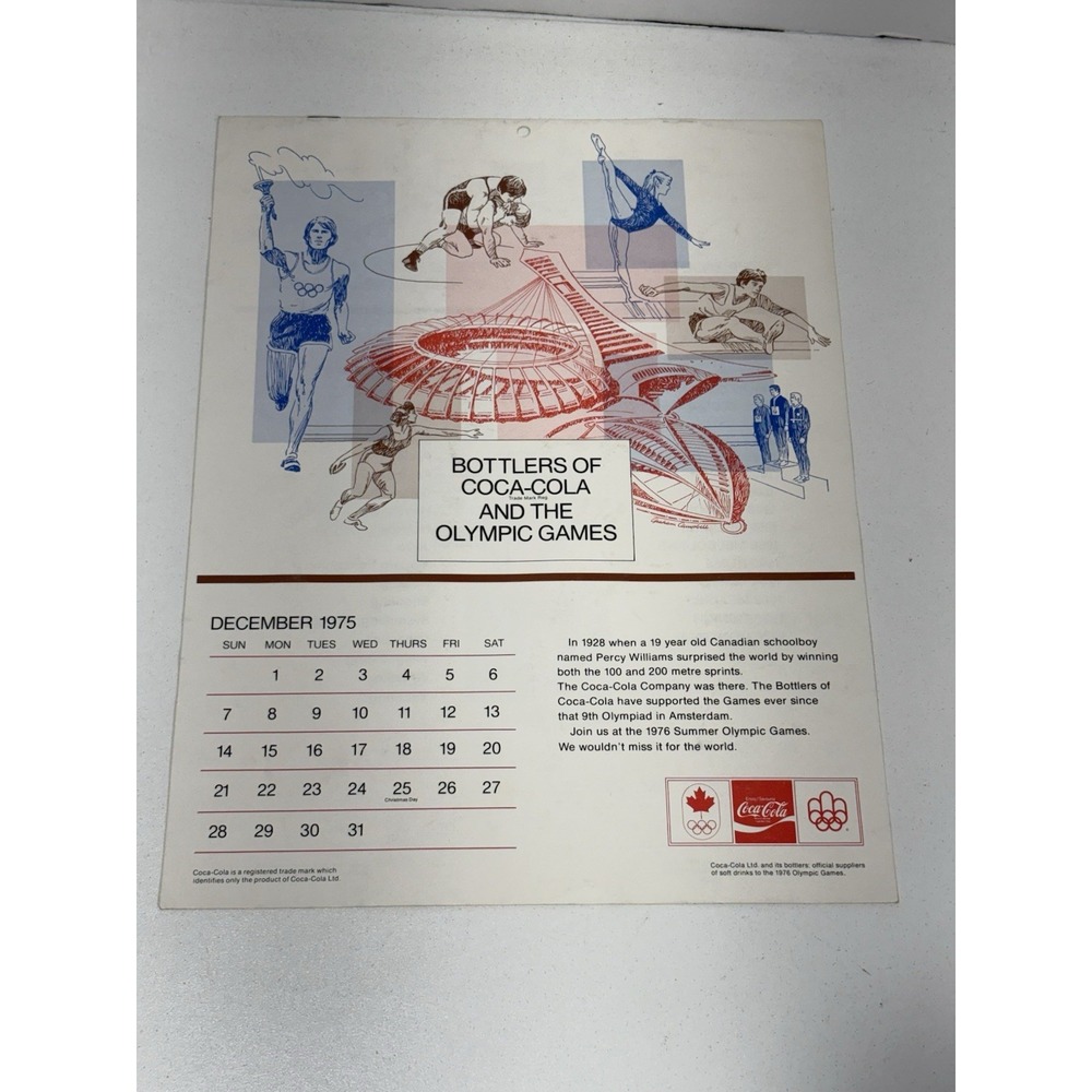 BOTTLERS OF COCA-COLA & THE OLYMPIC GAMES Calendar - Montreal 1976 Vintage